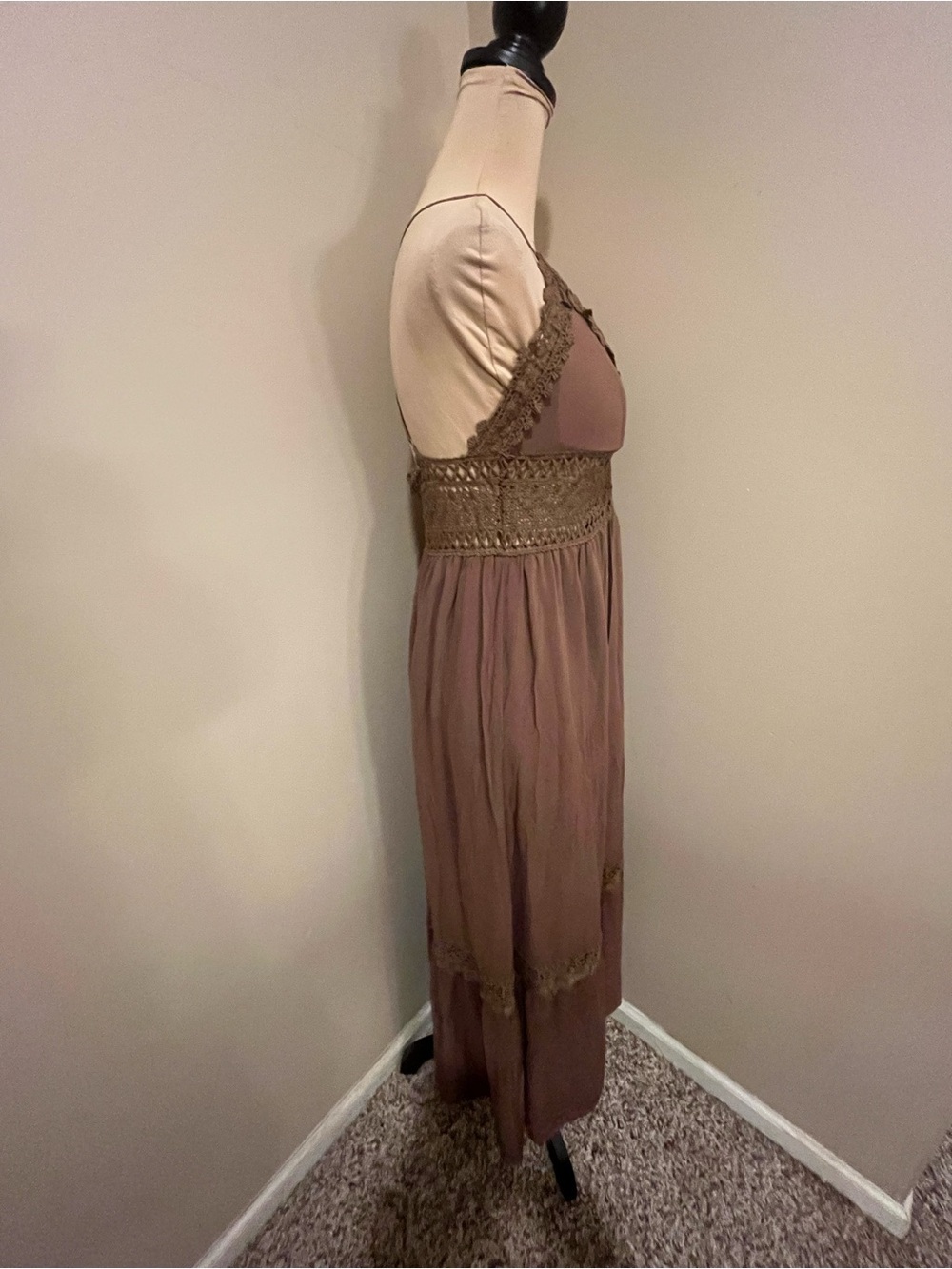 Cider Chocolate Brown Boho Crochet-Trim Maxi Dress, size Small - Picture 5 of 8